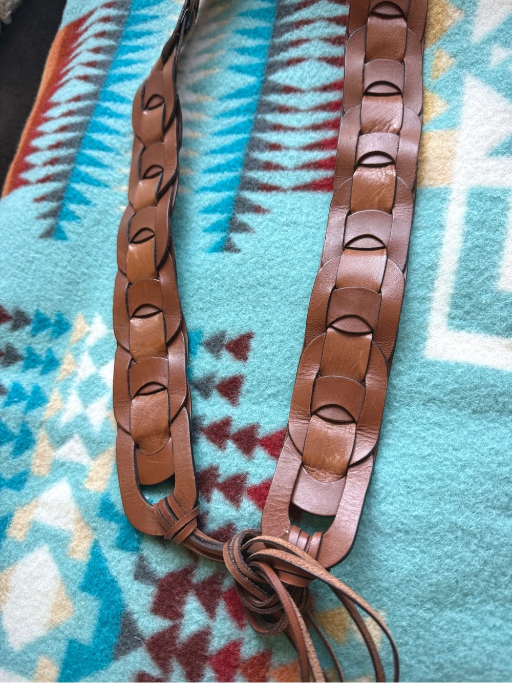 Vintage Brown Leather Hip Tie Belt Woven Boho Festival Western Fringe